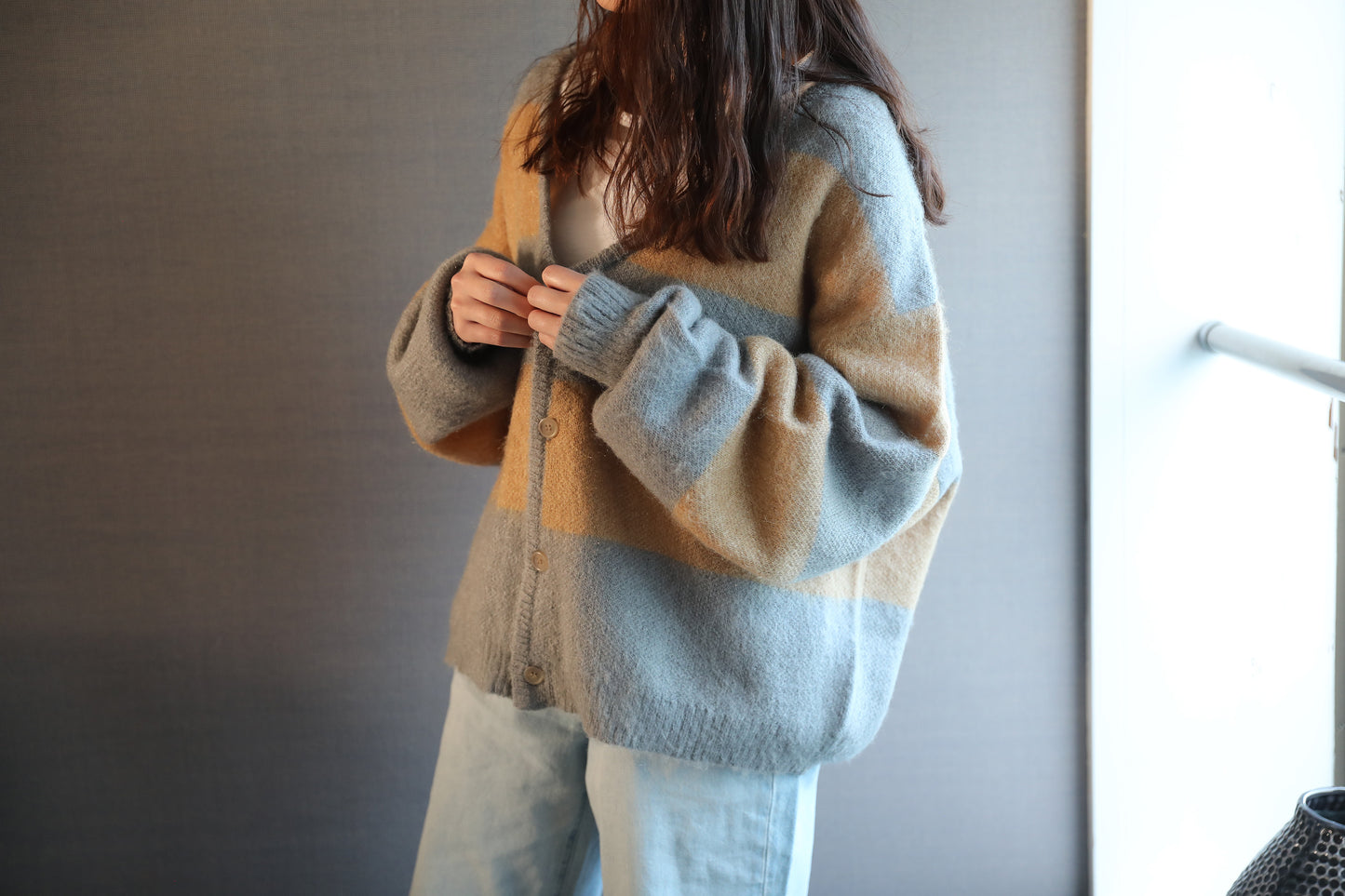 Border Cardigan(Gray × Beige)