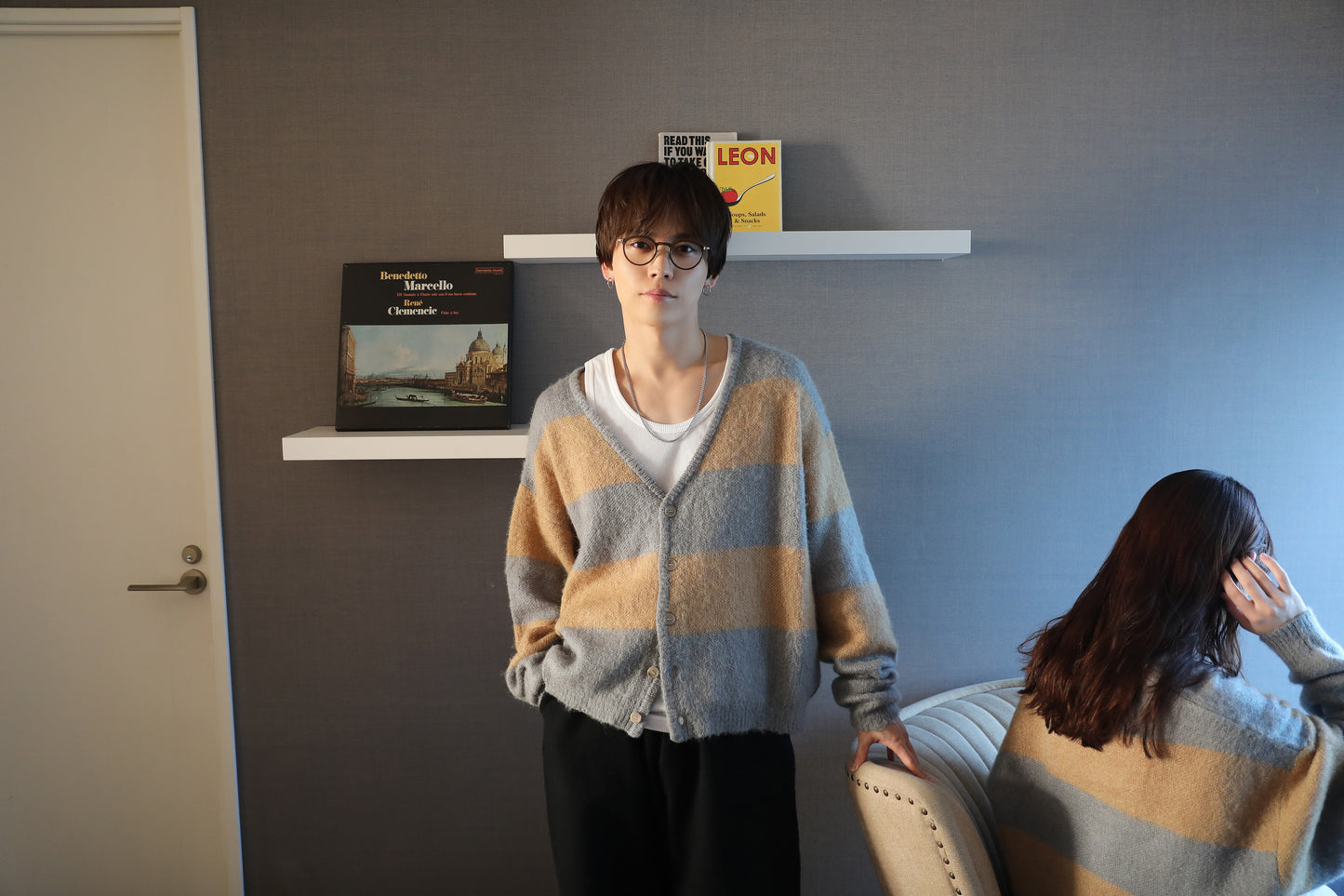 Border Cardigan(Gray × Beige)